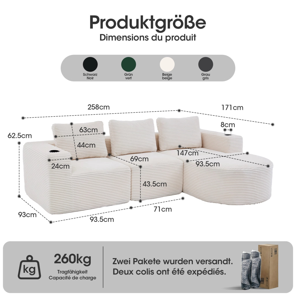 Divano letto a due posti - Zephmum- 265 cm largo, 3 cuscini, porta bicchieri