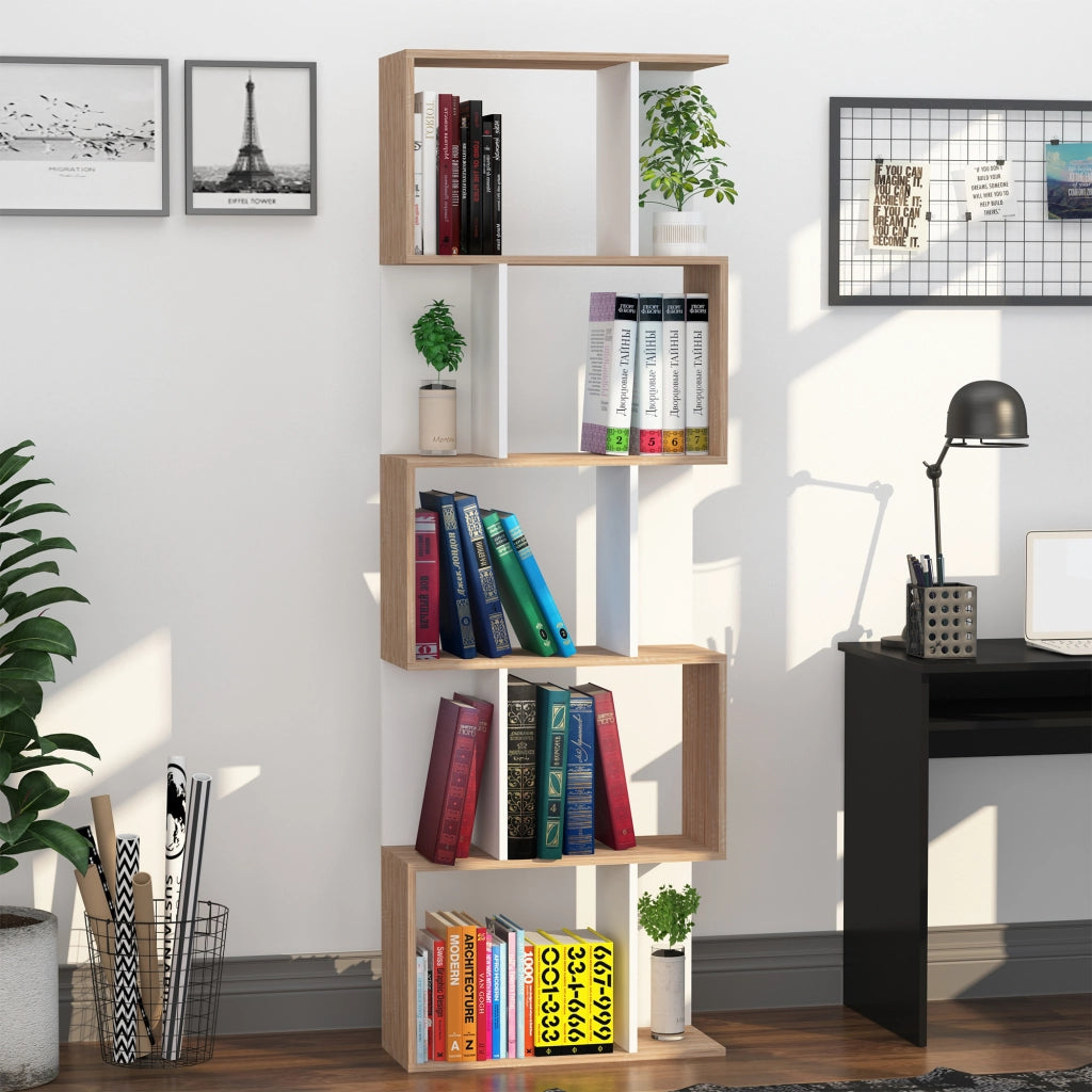 Libreria a S con 5 Ripiani ¨C Minimal ¨C Bianco e Legno 60x24x184,5cm