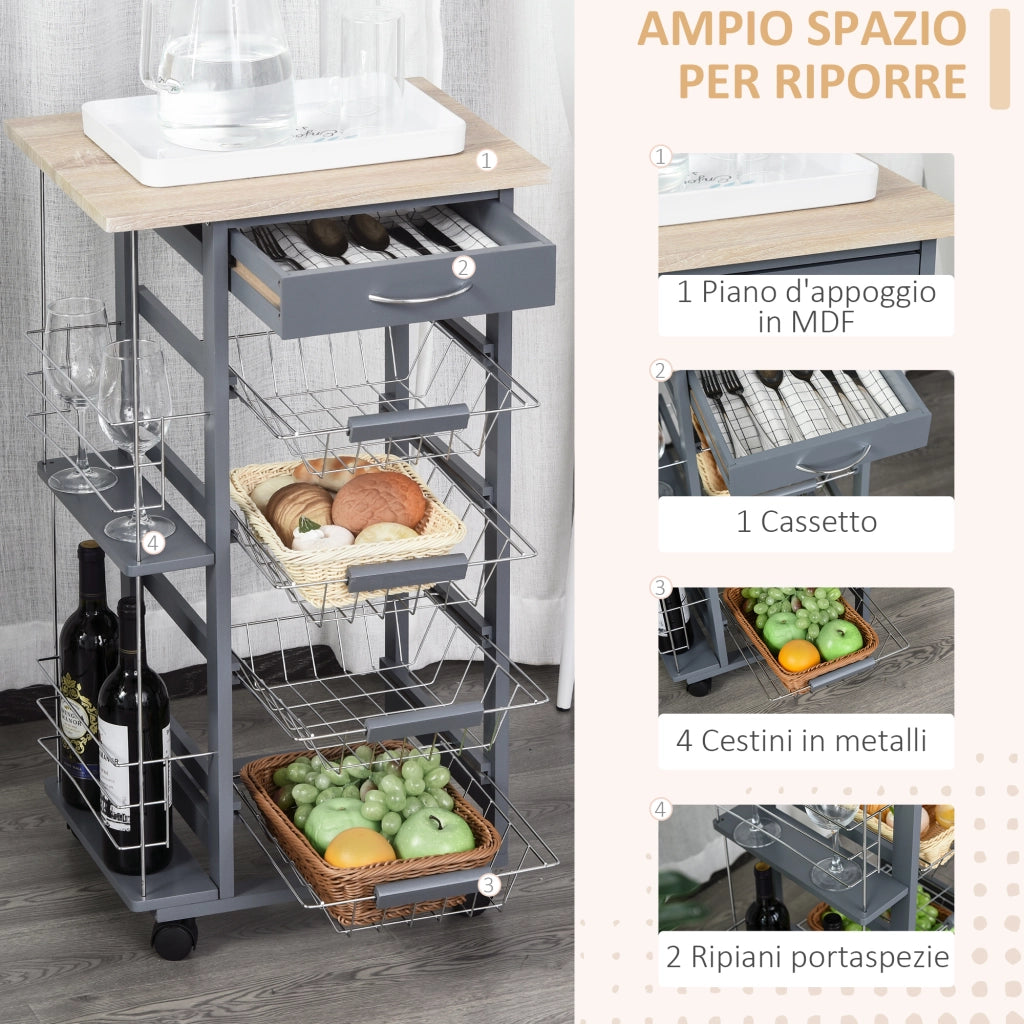 Carrello da Cucina con Cassetto e Cestelli ¨C Minimal ¨C Grigio Scuro