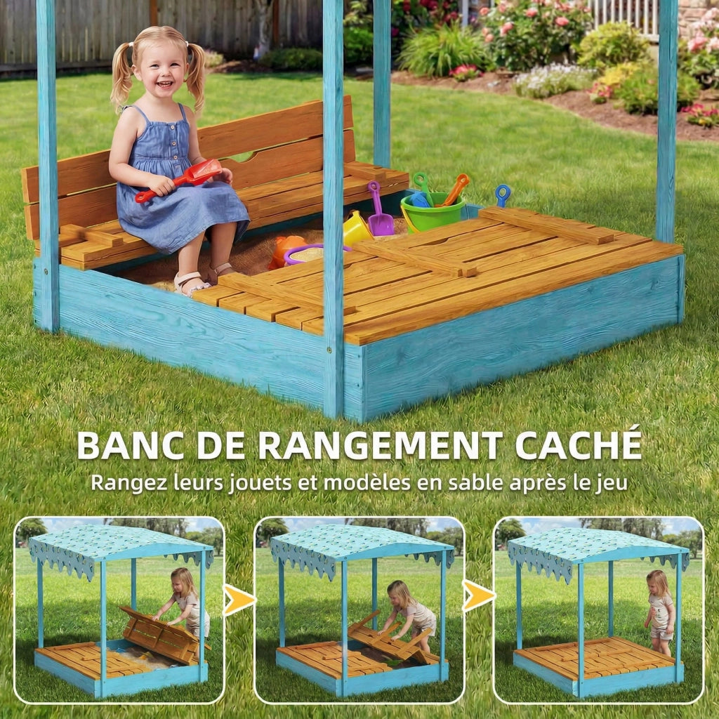 Bac ¨¤ sable in legno con coperchio e sedile pieghevole ¨C zephmum ¨C blu