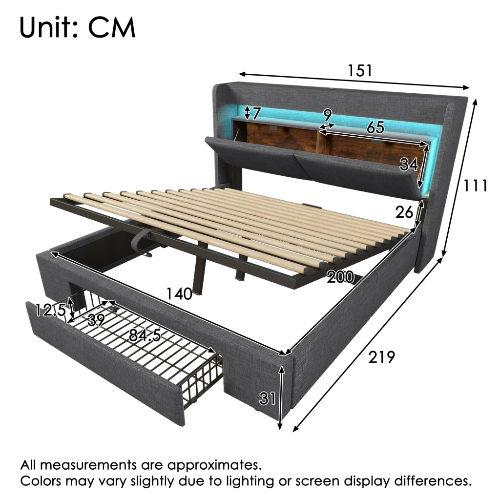 LETTO Contenitore idraulico 140x200 cm Lino Grigio con LED e USB-C