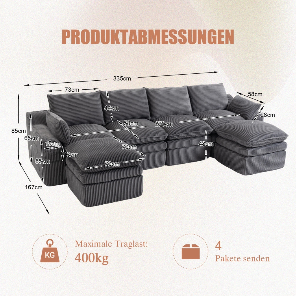 Divano Modulare 4 Posti con 2 Pouf ¨C MINIMAL ¨C Tessuto a Coste, Cuscini, Tasche Laterali, Grigio Scuro
