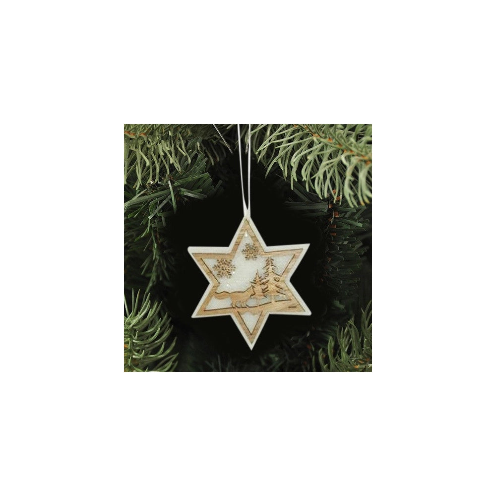 Trade Shop - 3 Appendini Natale In Legno E Ovatta Forma Stella Albero Cuore Con Scenario 16cm -
