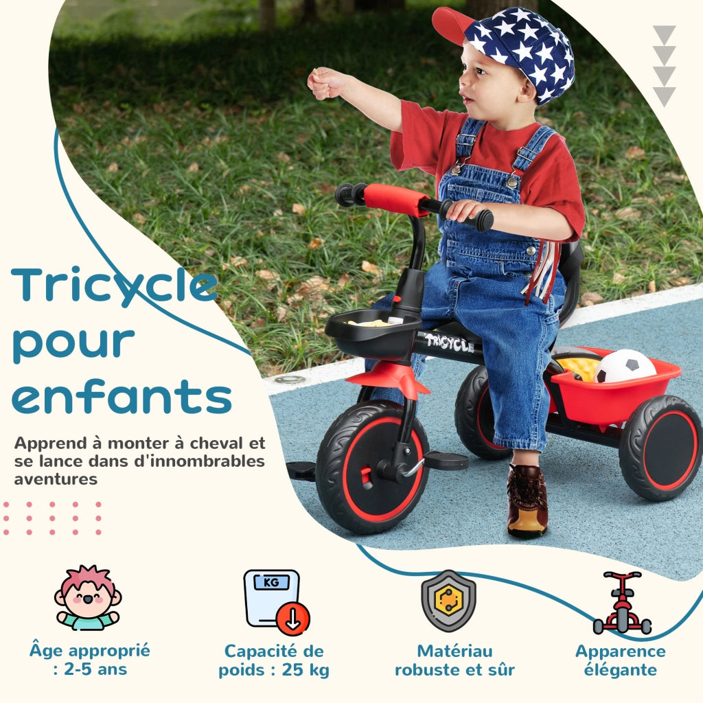 Triciclo Bambini Regolabile con Sedile e Cestini ¨C Minimal ¨C Rosso e Nero