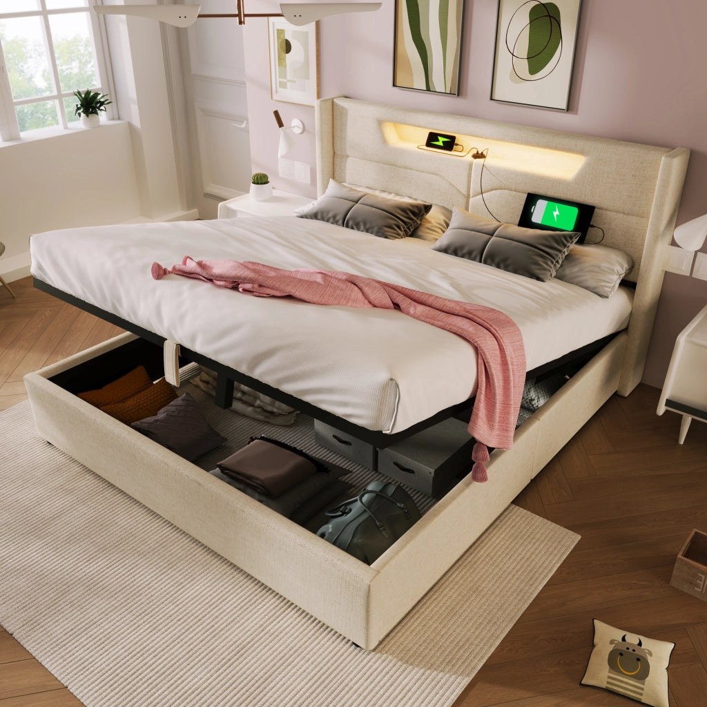 LETTO Matrimoniale LED 160x200 cm in lino beige USB Type C