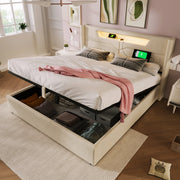 LETTO Matrimoniale LED 160x200 cm in lino beige USB Type C