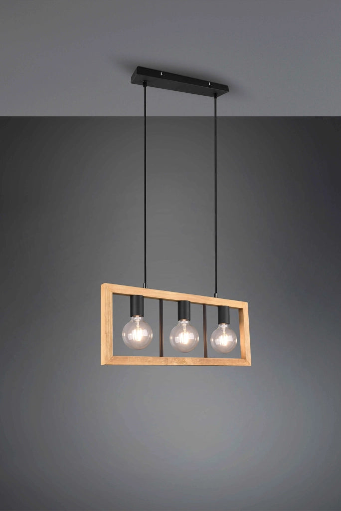 Lampada a sospensione 3 luci, legno e metallo, 60x150x8 cm, Agra