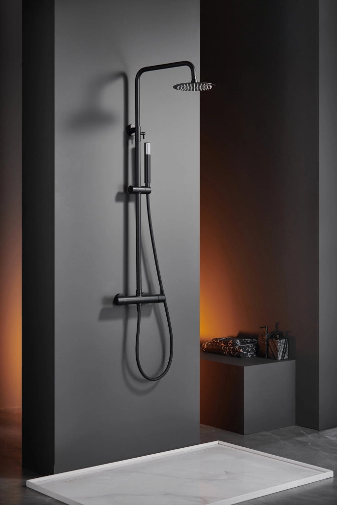 IMEX Colonna doccia monocomando cromo in acciaio-ottone soffione anticalcare Ø20 cartuccia ceramica Ø35 asta estensibile tubo e maniglia Imex-BDM039-NG