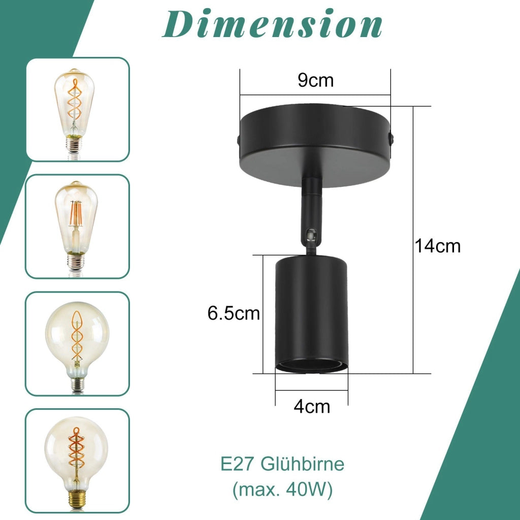 ZMH Faretto da soffitto LED neri 1 fiamma E27 vintage