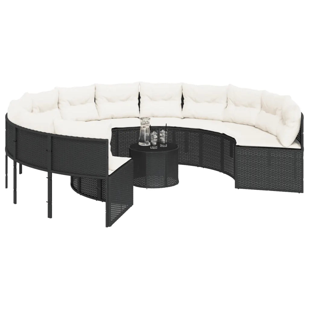 Divano Giardino con Tavolo e Cuscini Circolare Nero Polyrattan 3318544