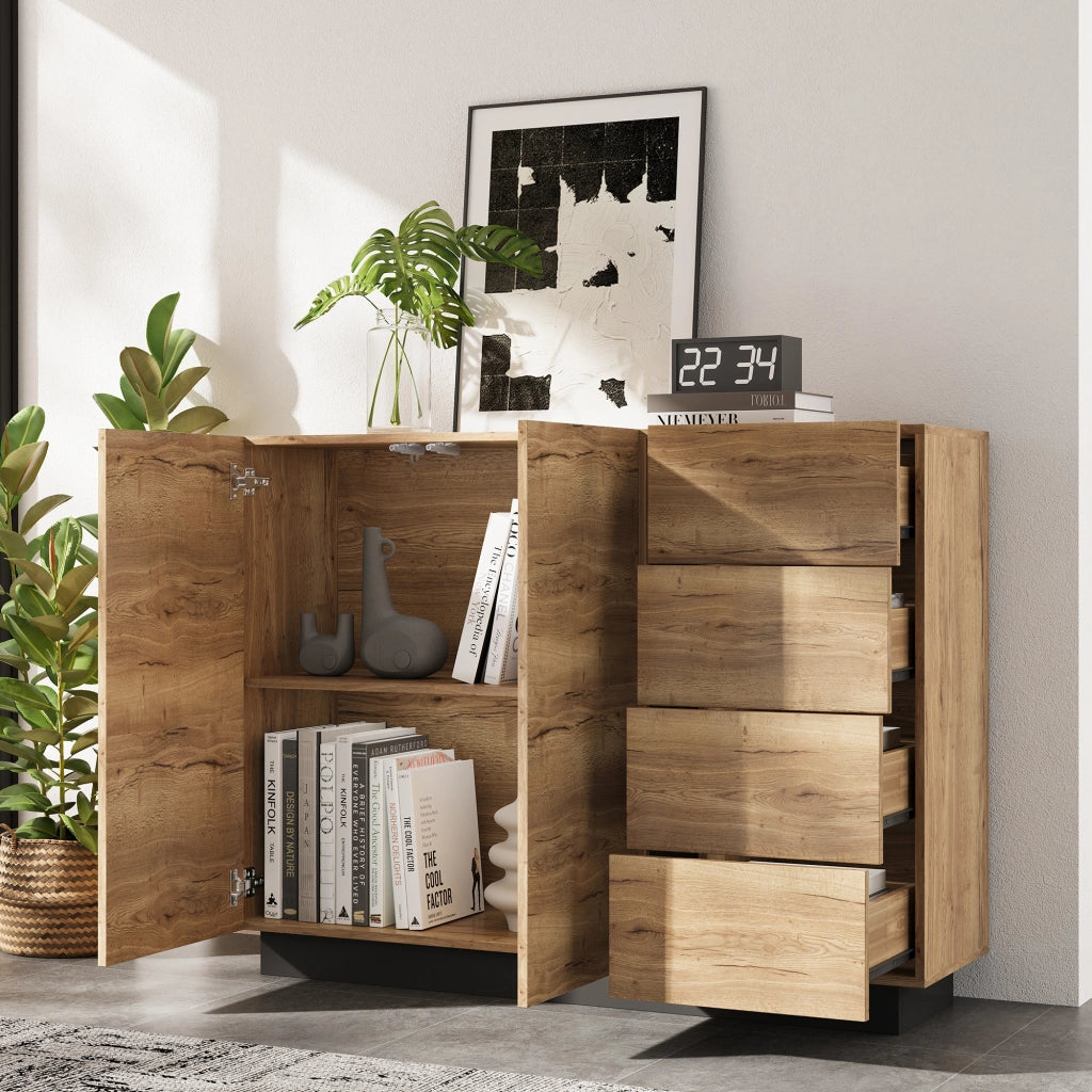 CREDENZA con 4 cassetti e 2 ante 120x35,5x90,5 cm Natural e Nero