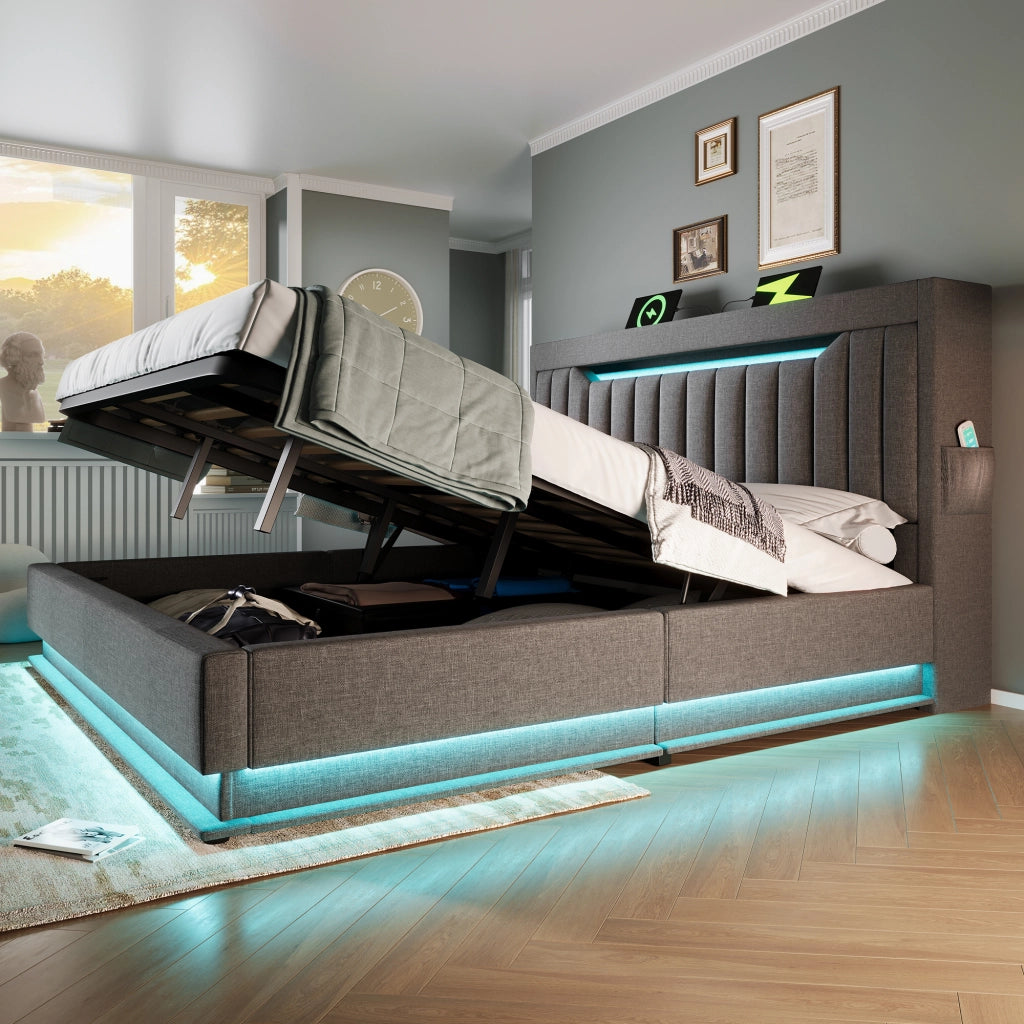 LETTO Matrimoniale 140x190 cm Grigio in Lino con LED e USB