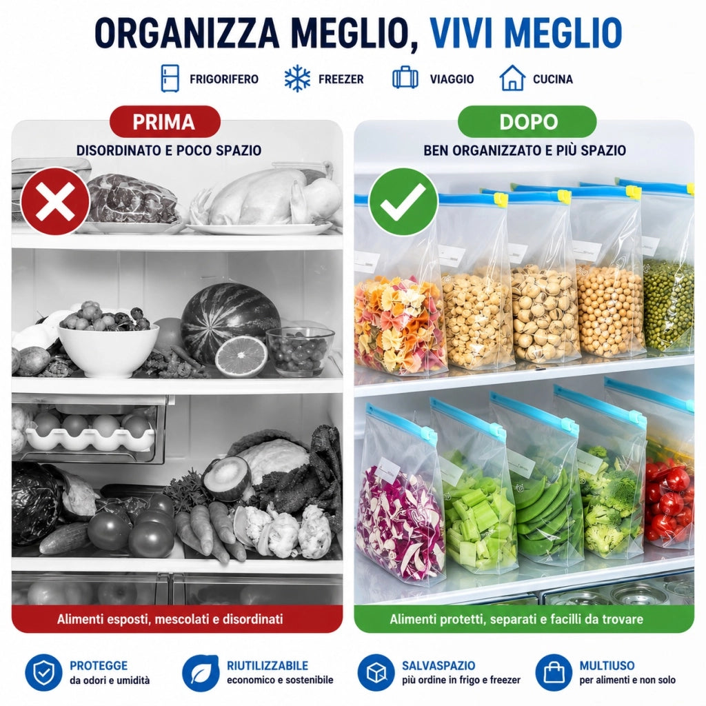 24 Sacchetti Alimenti Riutilizzabili Zip 3 Misure Freezer Frigo 69714