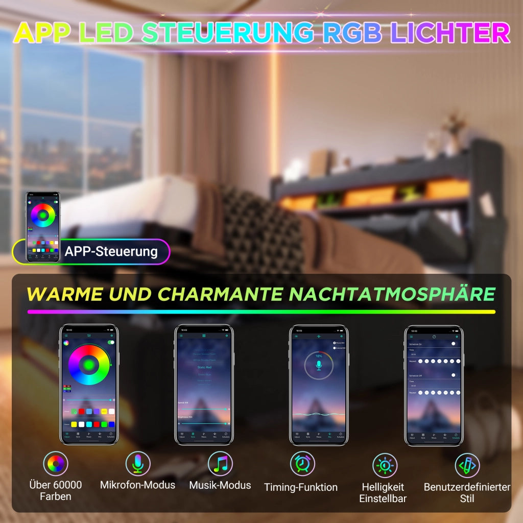 LETTO Matrimoniale 140x200 cm con LED, USB e Type-C, Grigio, Lino