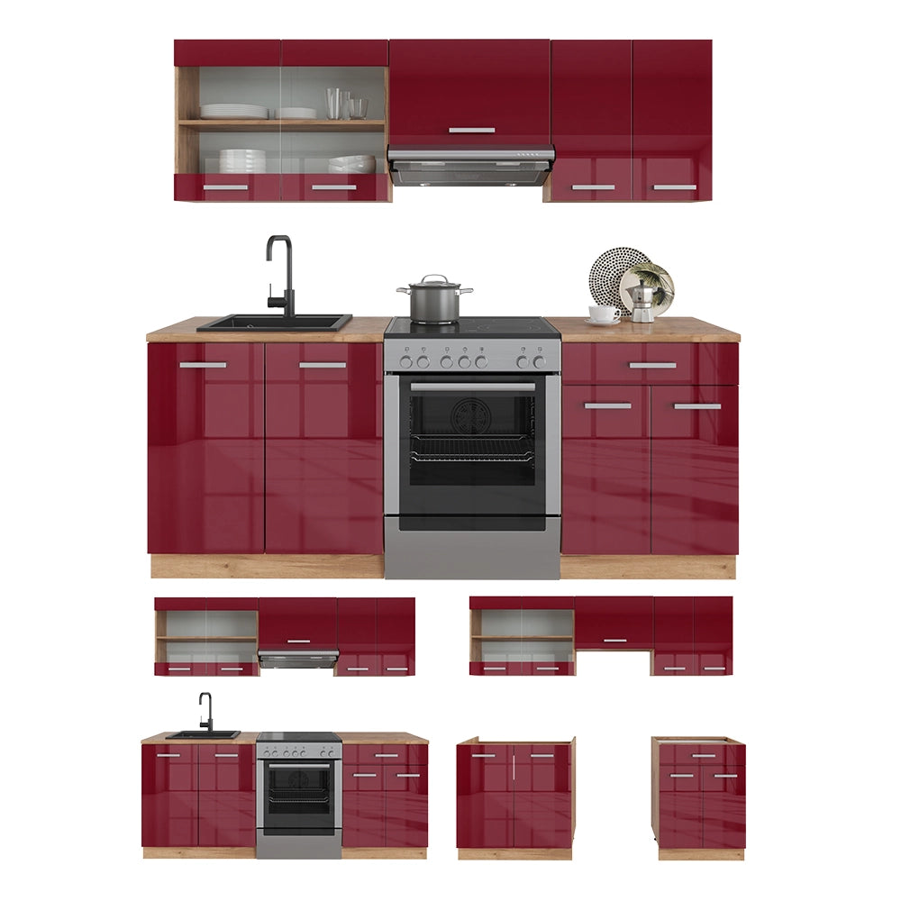 Vicco Cucina componibile Rosso lucido/rovere dorato 200 cm , PL Antracite