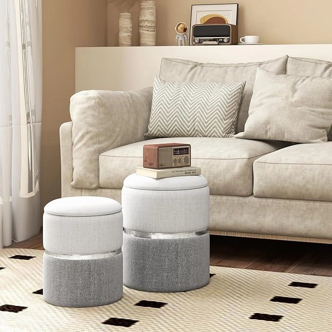 Set di 2 Pouf Contenitore in Velluto, Pouf Rotondi Imbottiti da 32L +21L, Sgabelli con Contenitore per Soggiorno, Camera da Letto, Portata 150 kg (Grigio)