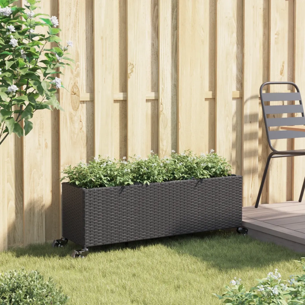 Fioriera con Ruote e 3 Vasi Nera 107x32x38 cm in Polyrattan 366419
