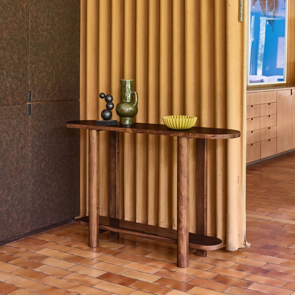 Consolle ovale in legno di acacia a 2 livelli, noce