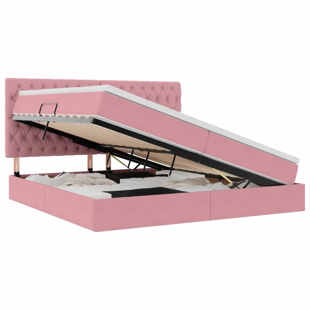 Letto con contenitore e LED con led Rosa 200 x 200 cm Velluto