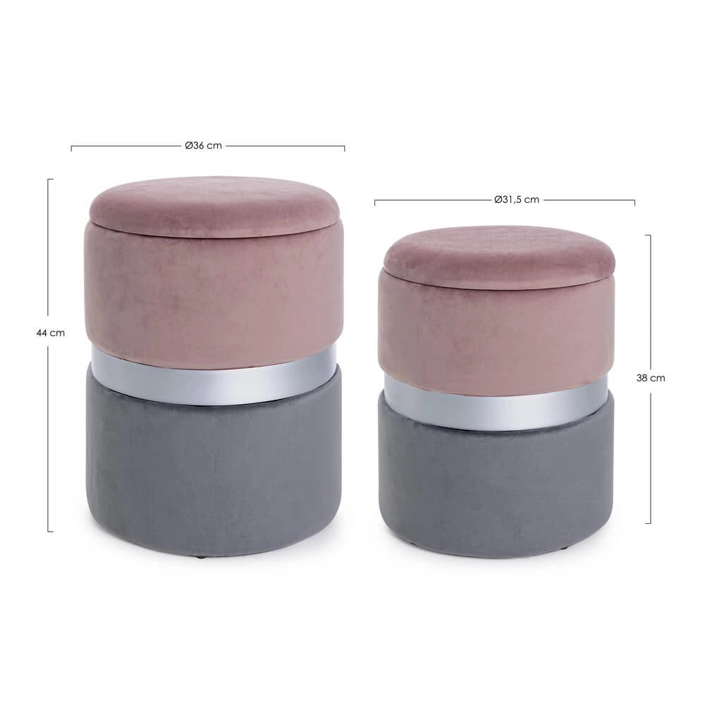 Set da 2 Pouf Rotondi in Velluto con Contenitore - POLLY