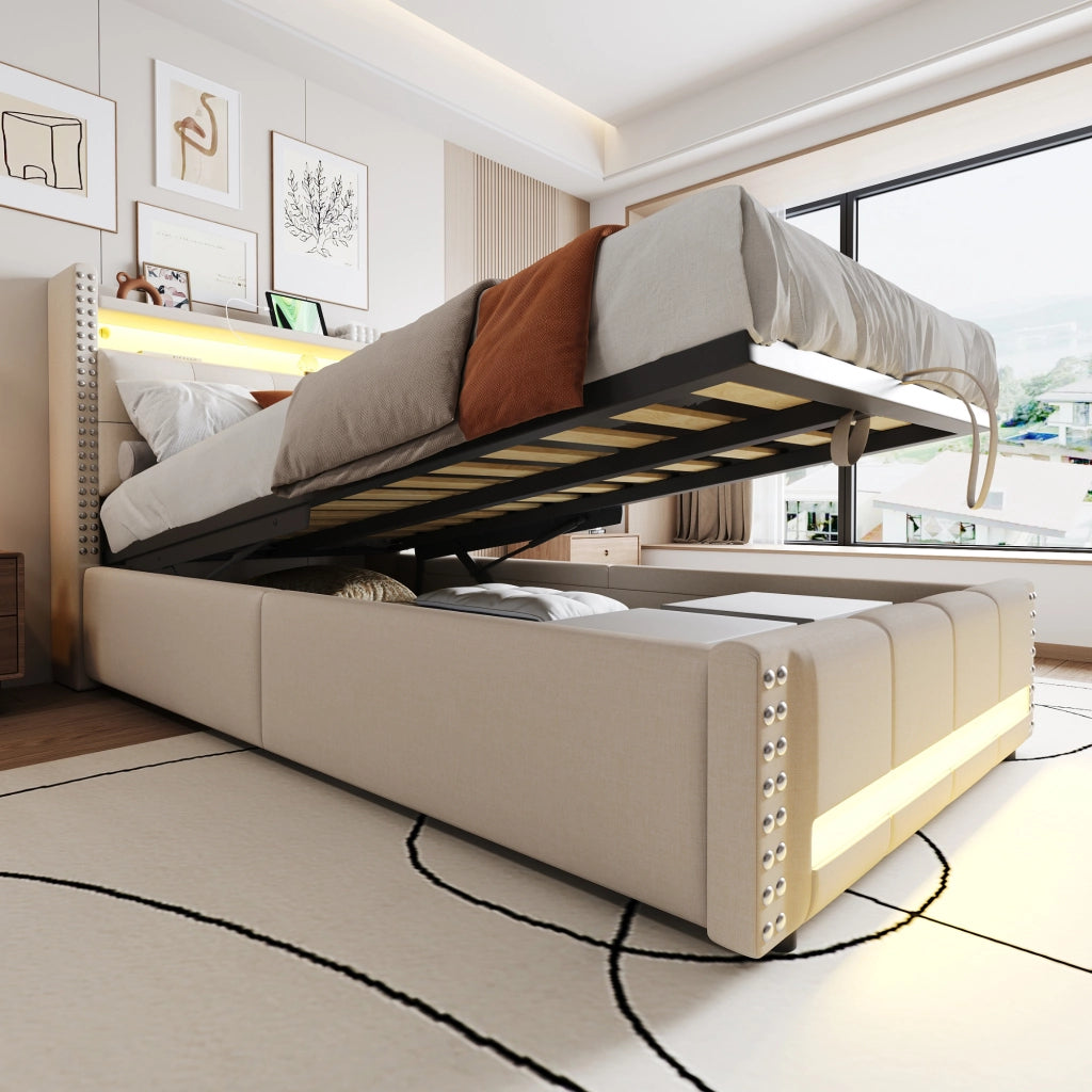 LETTO imbottito singolo 90x200 cm Beige con LED, USB e contenitore
