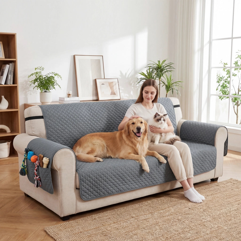 Copridivano 3 Posti Impermeabile Antiscivolo con Tasche ¨C Minimal ¨C Grigio