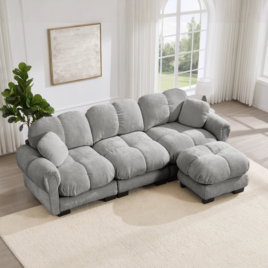 Divano angolare 3 posti con pouf mobile e cuscino, in Chenille, Grigio chiaro