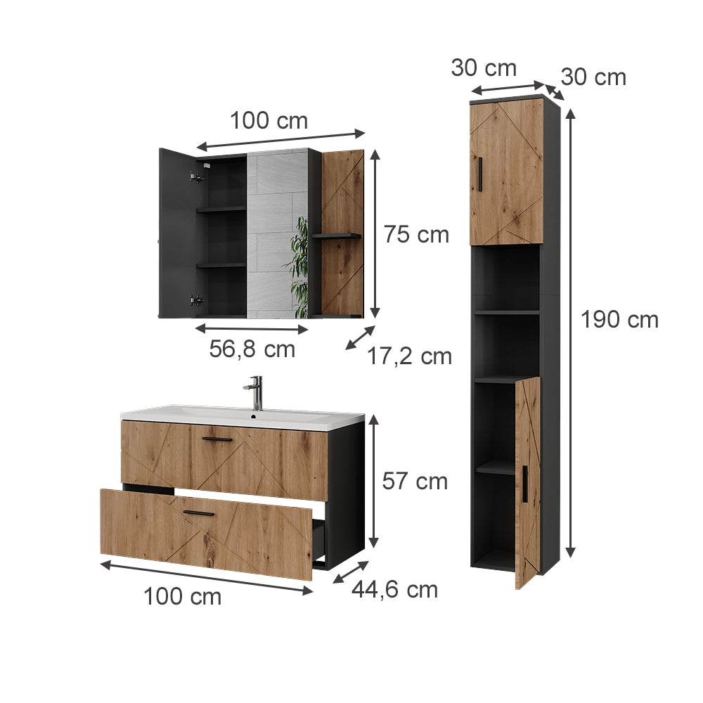 Vicco Set di mobili da bagno Antracite/Artisan 4 parti