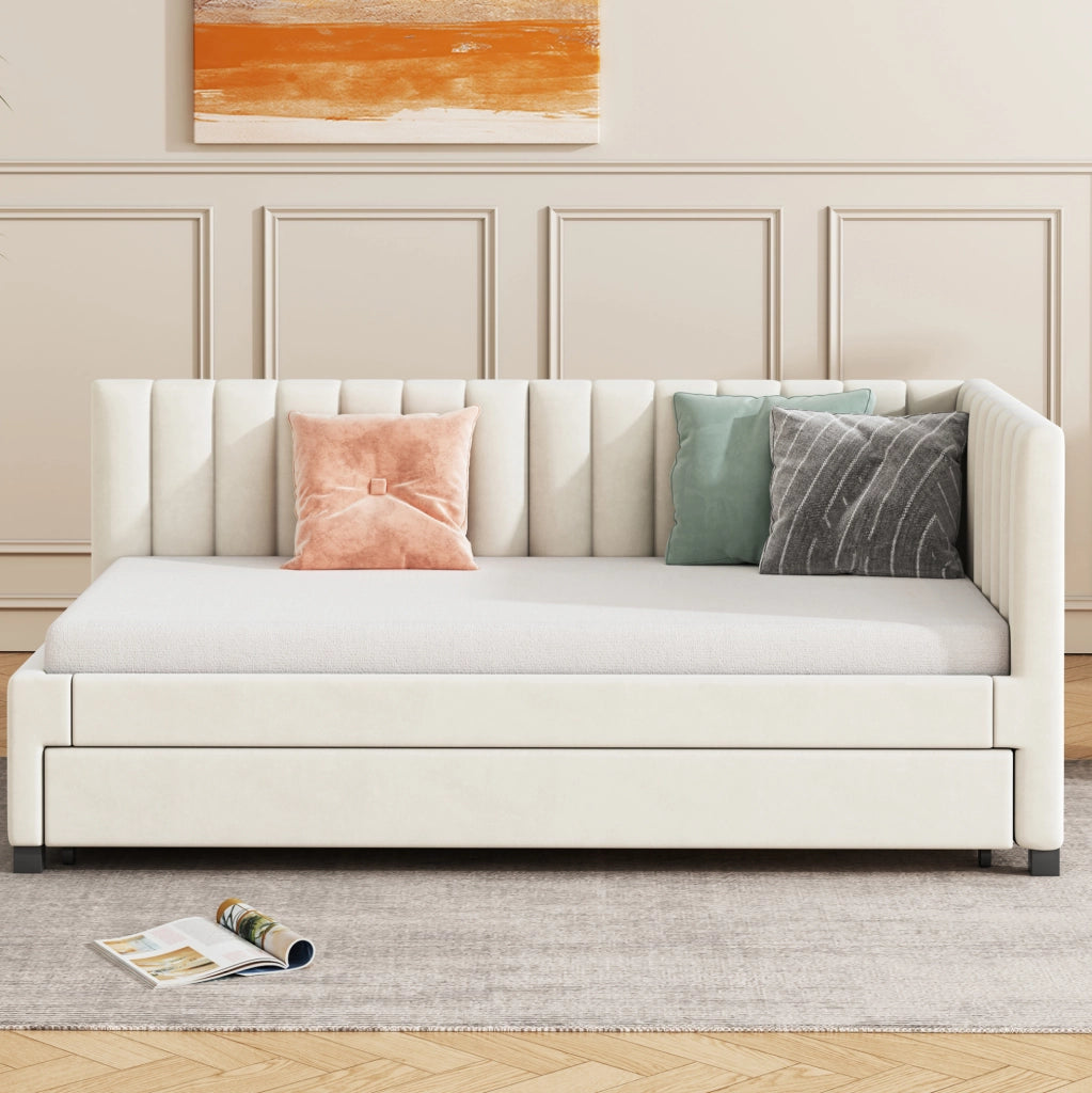 Letto imbottito 90x200 estraibile con rete a doghe, beige
