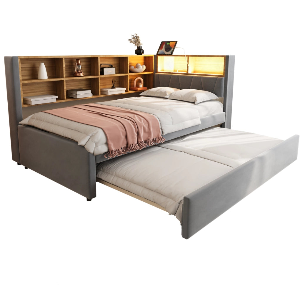 Divano letto multifunzione con letto estraibile, LED e prese integrate