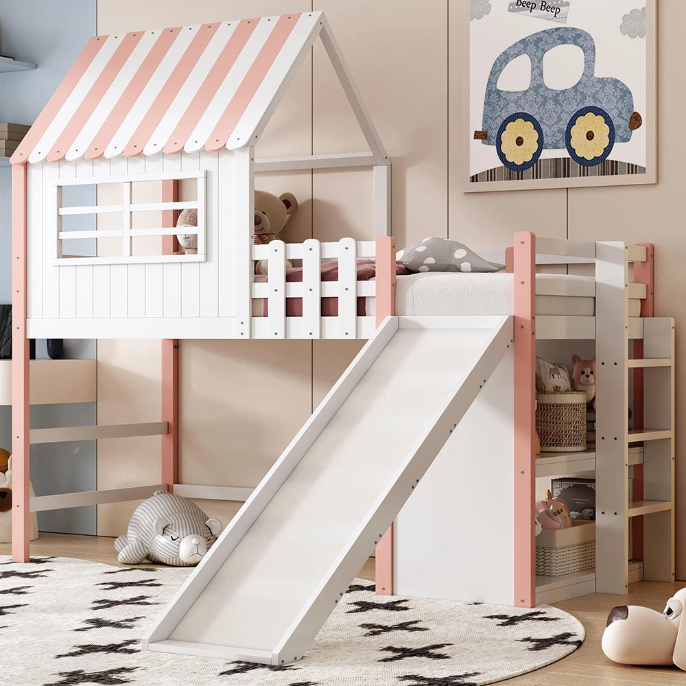 Letto bambini - Xylo - 90x200 cm con scivolo rosa