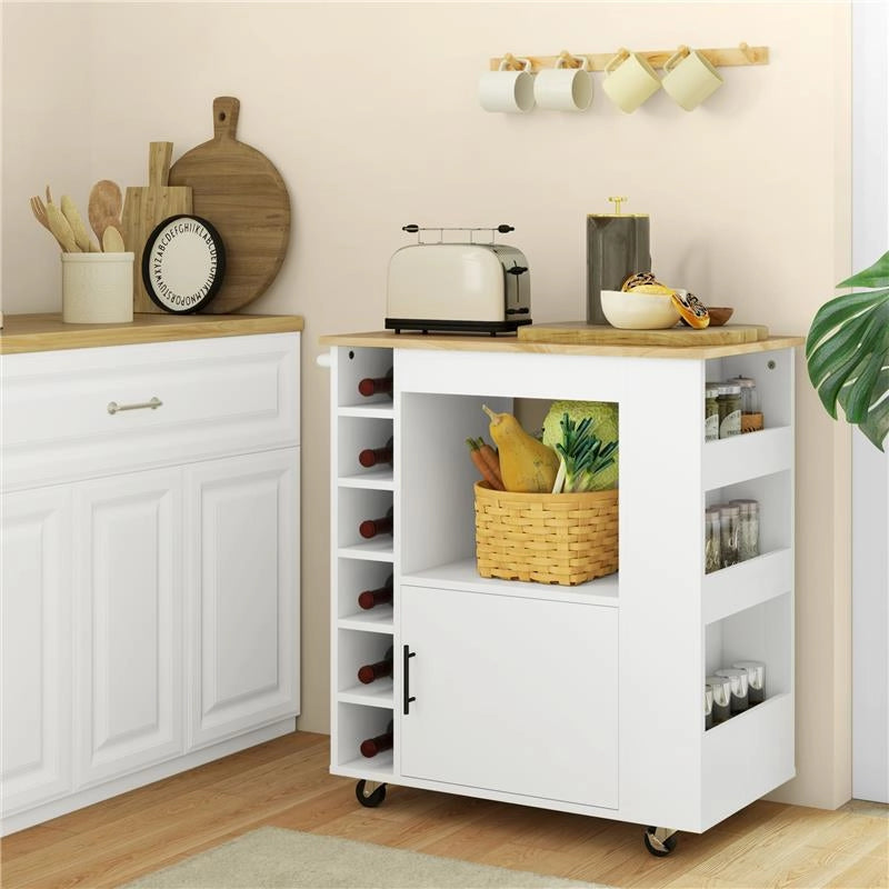 CARRELLO DA CUCINA CON RUOTE RIPIANI ARMADIETTO E PORTABOTTIGLIE 83X40X83 CM ROVERE E BIANCO