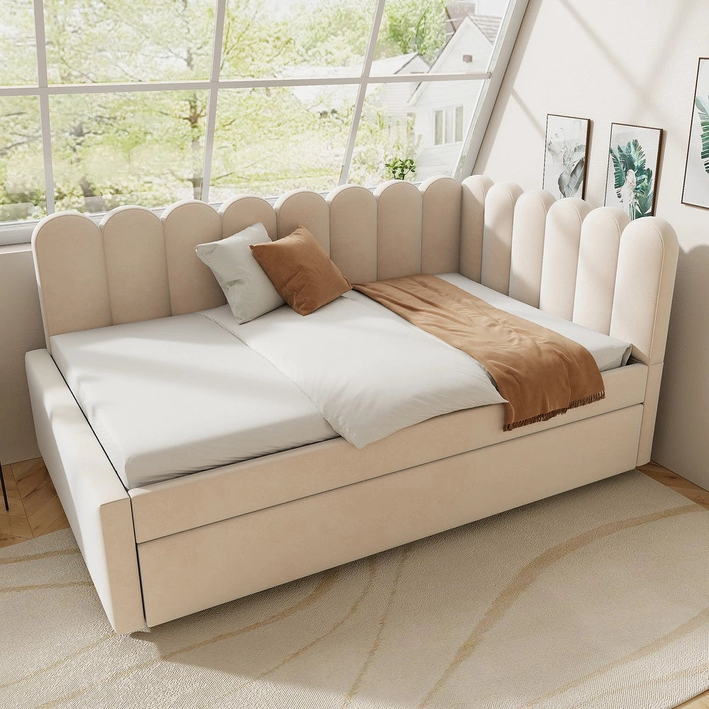 Letto Imbottito con Divano Estraibile a L ¨C MINIMAL ¨C Velluto Beige 140x200