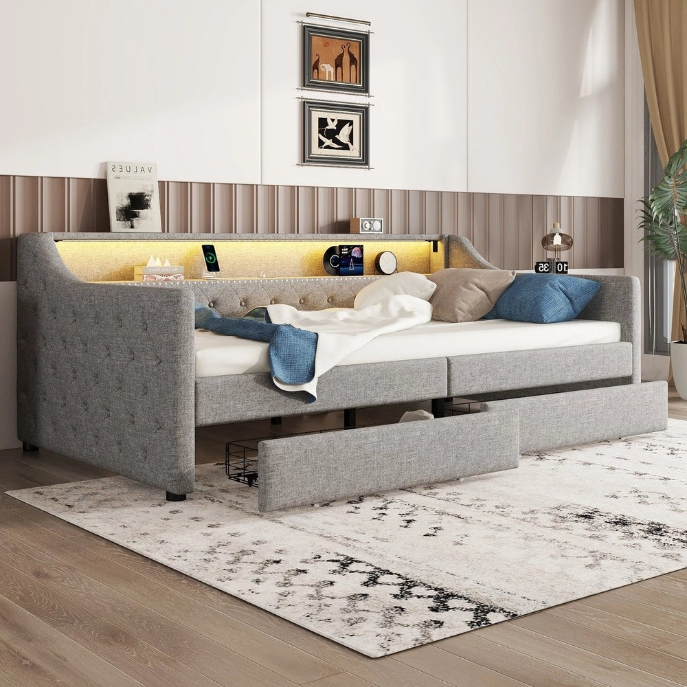 Letto Singolo Divano con Doghe e Cassetti ¨C MINIMAL ¨C Grigio, LED, 90x200
