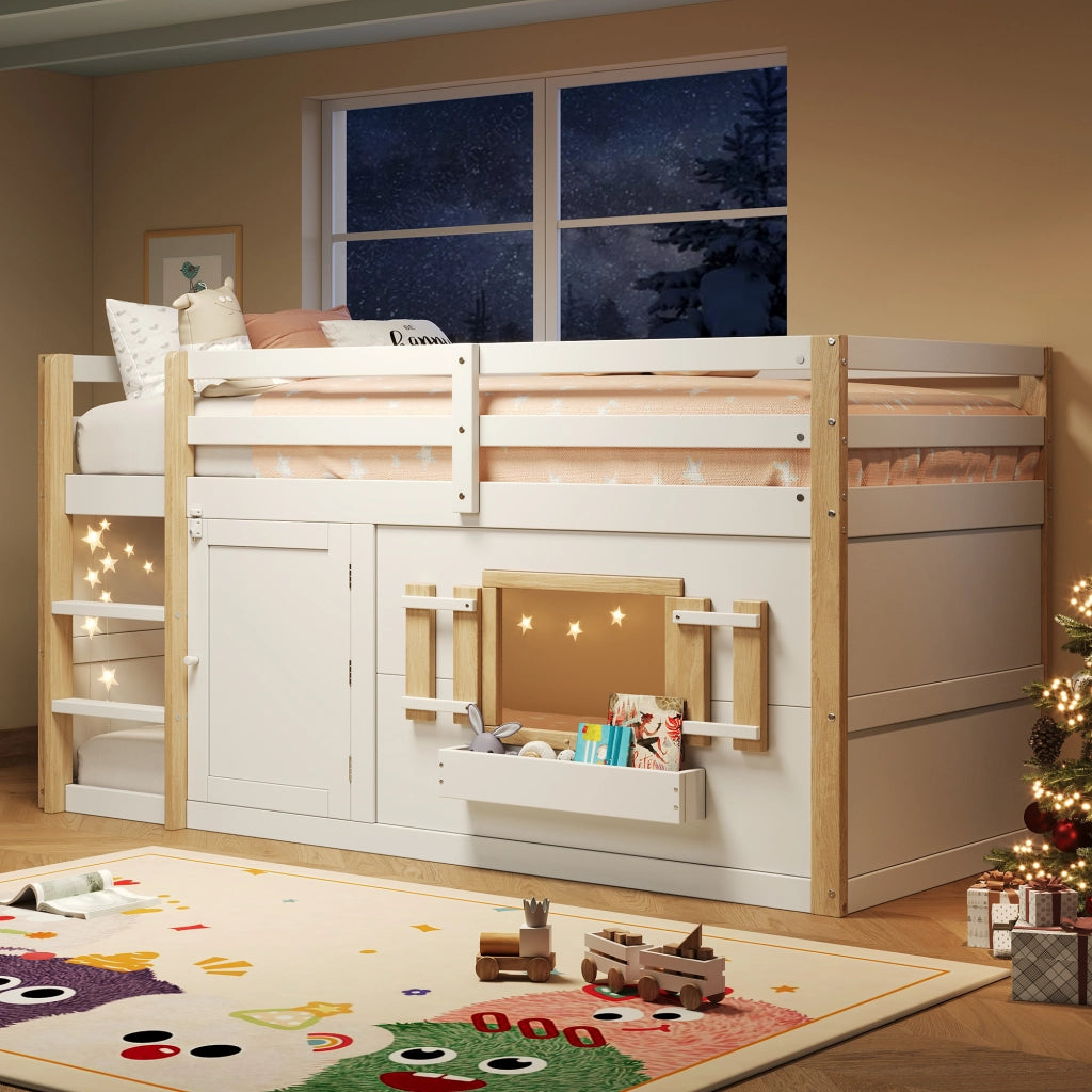 LETTO A SOPPALCO 90x200 cm in Legno massello Bianco con Scala e Area Gioco