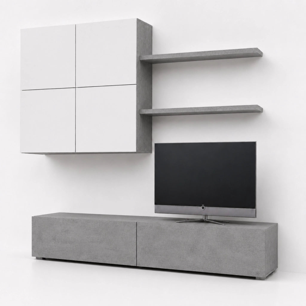 Parete Attrezzata Mobile Soggiorno Moderno Con Base TV 2 Ante Pensile 4 Ante e 2 Mensole Design Contemporaneo in Melaminico Facile da Pulire 200 x 194 x 40 cm Bianco e Grigio Cemento