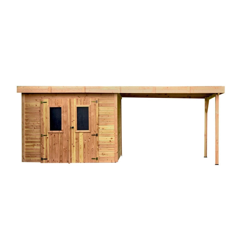 Casetta da giardino in legno 280x580 cm con legnaia – Spessore pareti 28 mm – Tetto piano in acciaio – DIN3030.02B Foresta