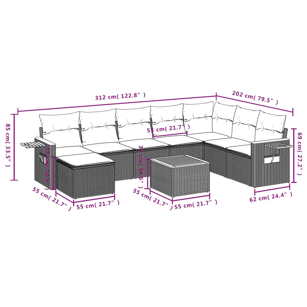 Set Divano da Giardino 9 pz con Cuscini Beige in Polyrattan