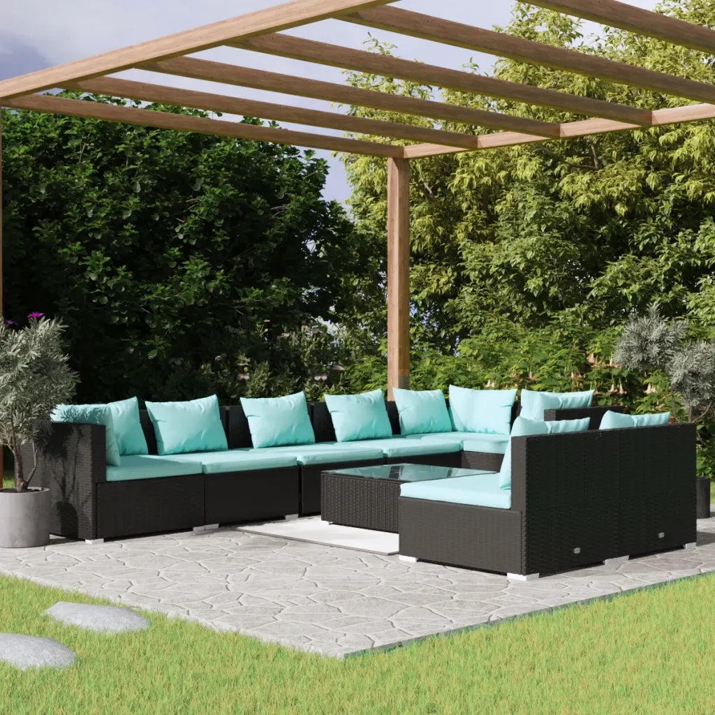 Set Divani da Giardino 9 pz con Cuscini in Polyrattan Nero