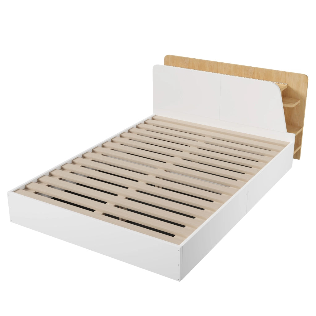 Letto Contenitore con LED e USB ¨C MINIMAL ¨C 140x200, Bianco e Naturale