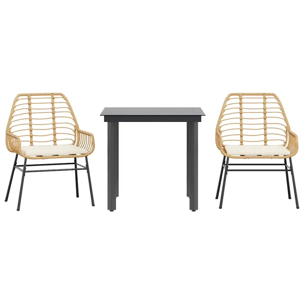 Set da Pranzo da Giardino 3pz con Cuscini Polyrattan Vetro 3334555