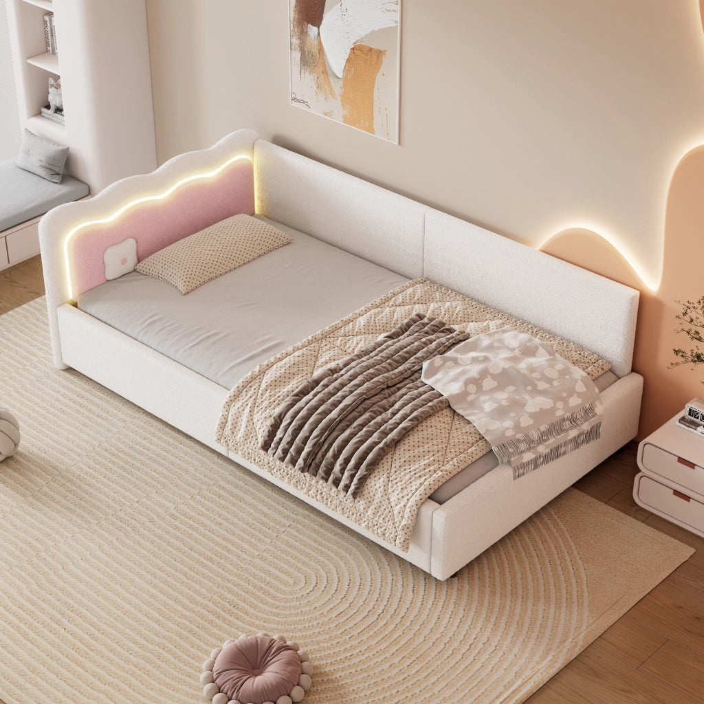 Letto matrimoniale con luce LED integrata velluto bianco 90x200 cm