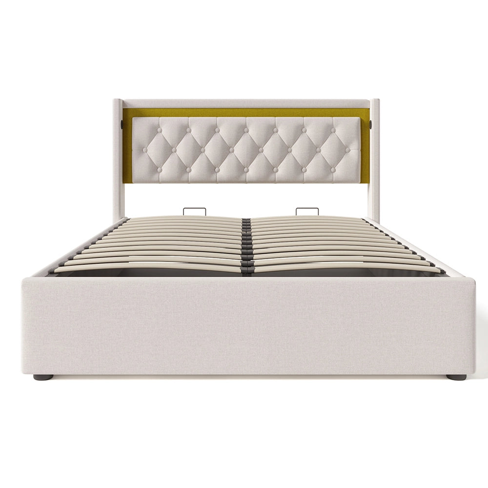 Lit con contenitore LED - Xylo - 140x200 cm Beige - Testiera USB tipo C