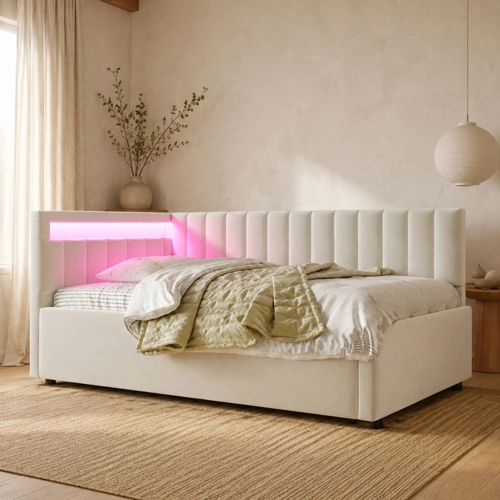 LETTO Contenitore 90x200 cm in velluto beige con LED