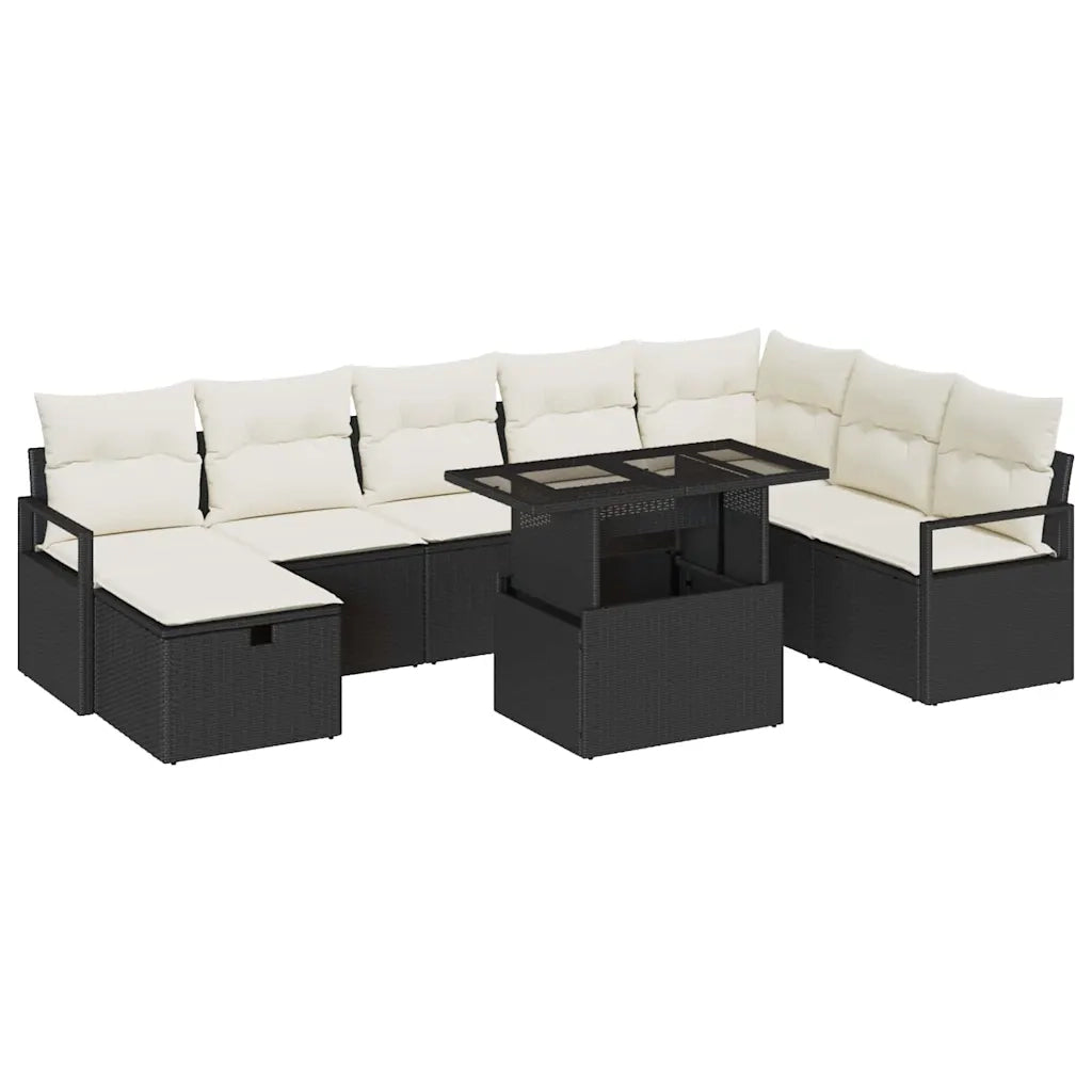 Set Divano da Giardino con cuscino 9 pcs Nero Poly Rattan