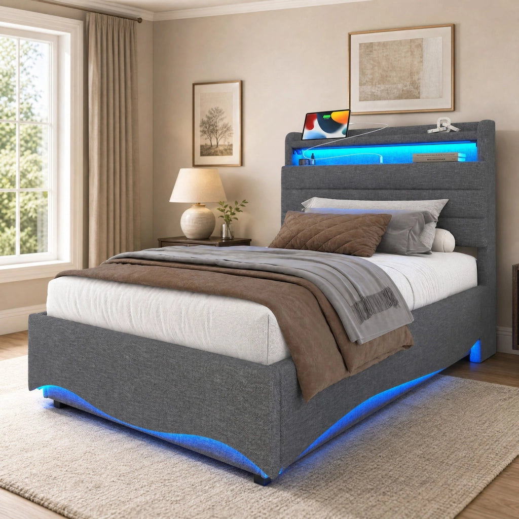 LETTO Contenitore 90x200 cm in Lino Grigio con LED, USB e Type-C