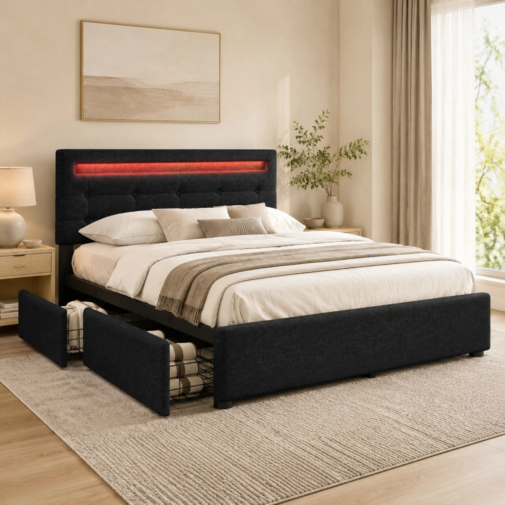 LETTO matrimoniale 140x200 cm in lino nero con LED e 4 cassetti