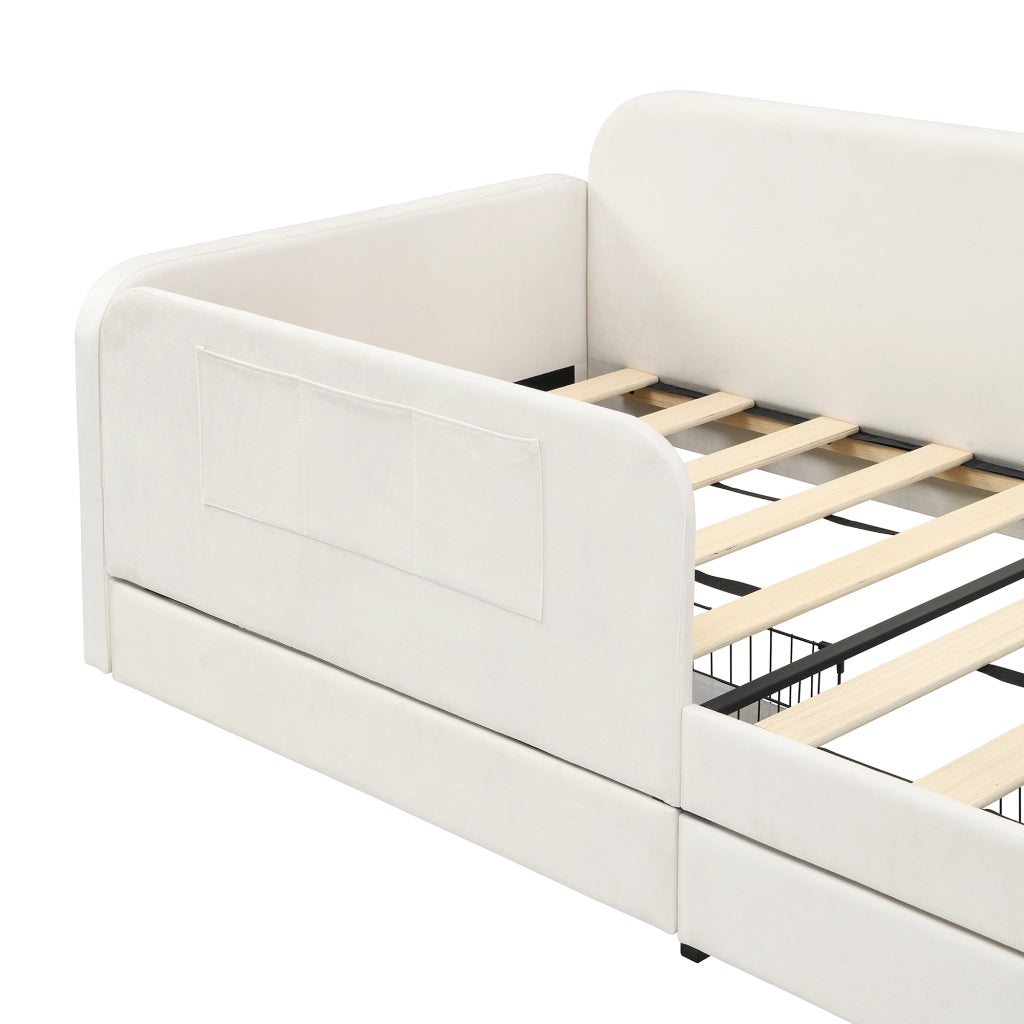 LETTO Singolo 90x200 cm Velluto Bianco con 2 cassetti e tasche laterali