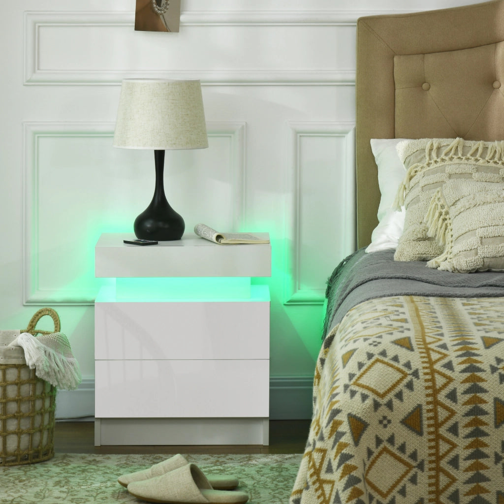 Comodino con Luci LED e 2 Cassetti ¨C Minimal ¨C Bianco Lucido 45x35x52 cm