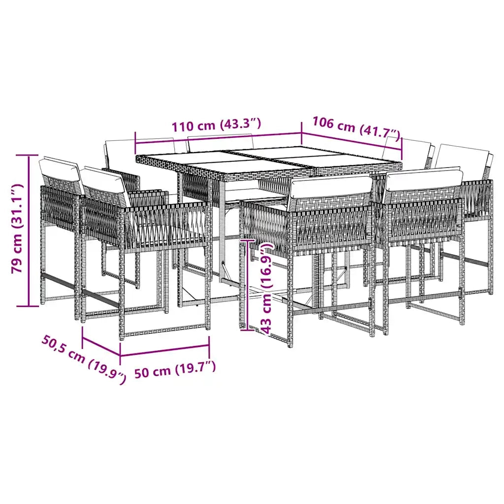 Set da Pranzo da Giardino 9 pz con Cuscini Nero in Polyrattan 3211563